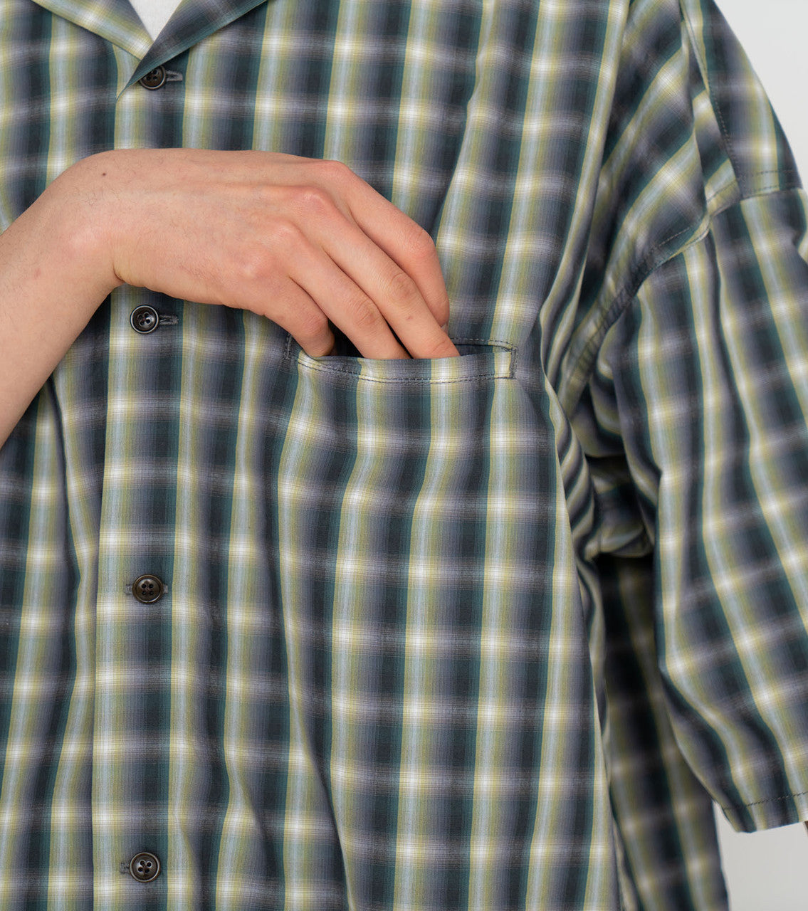 Nanamica Mens Green Check Open Collar Shirt