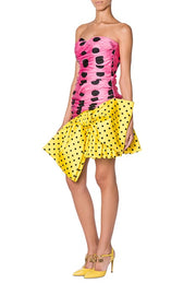 Patchwork Polka Dots Silk Twill Dress in Pink