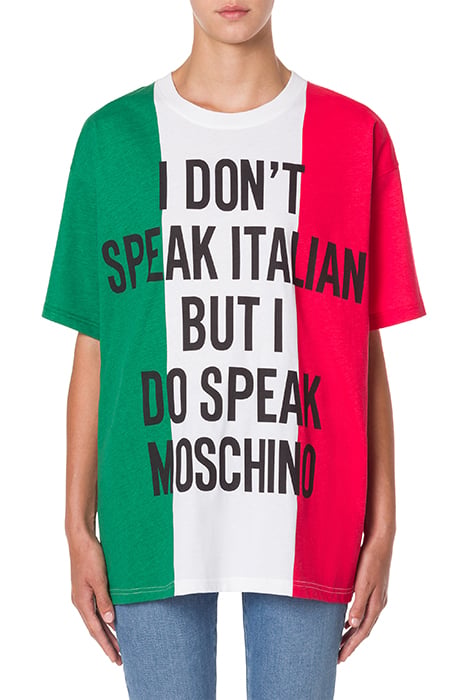 Moschino Italian Slogan Jersey T-Shirt in Multicolour