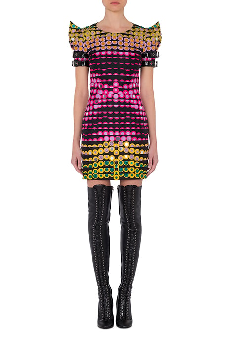 Embroidered Polka Dot Twill Dress in Black