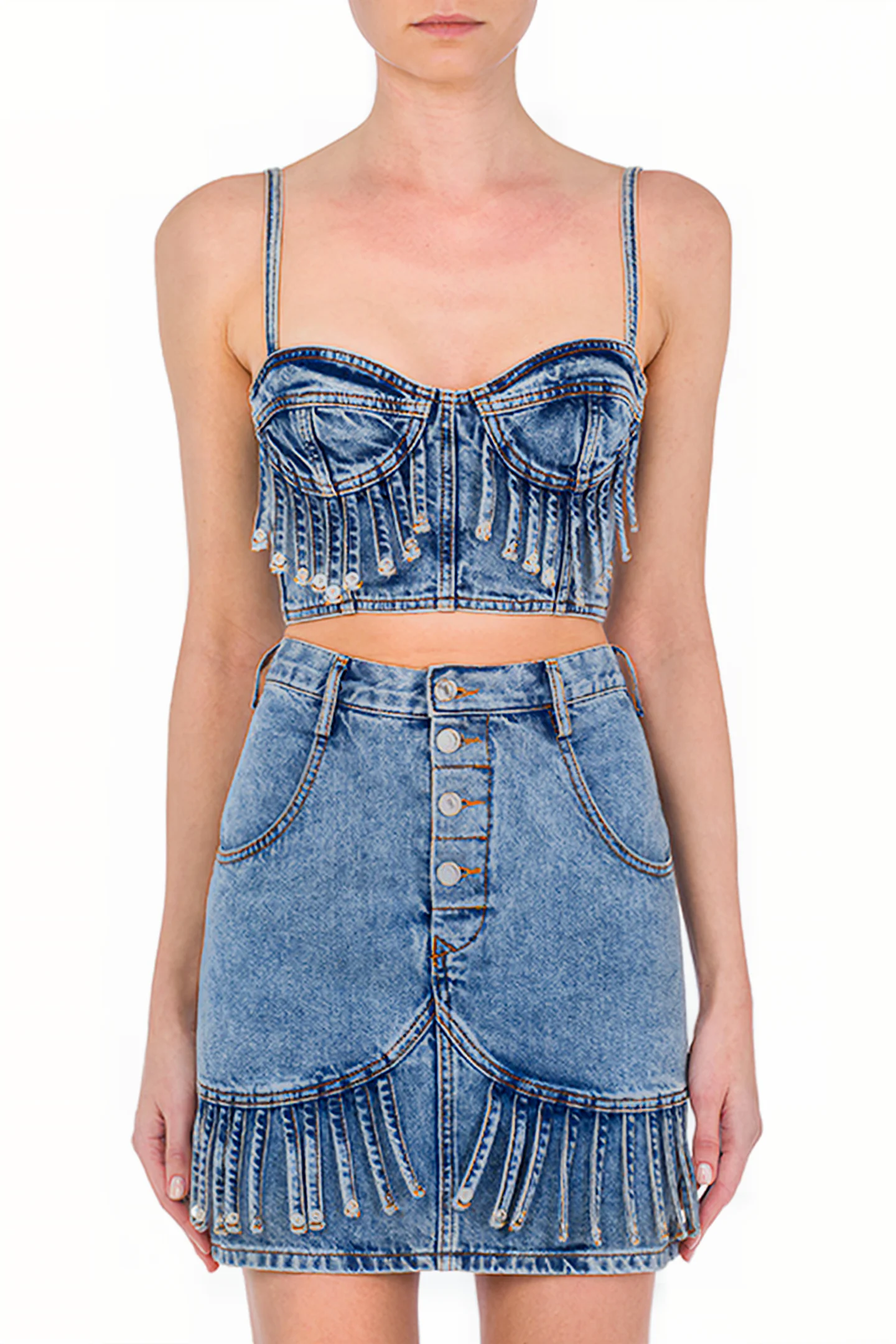 Moschino Recycled Denim Crop Top with Fringe in Blue