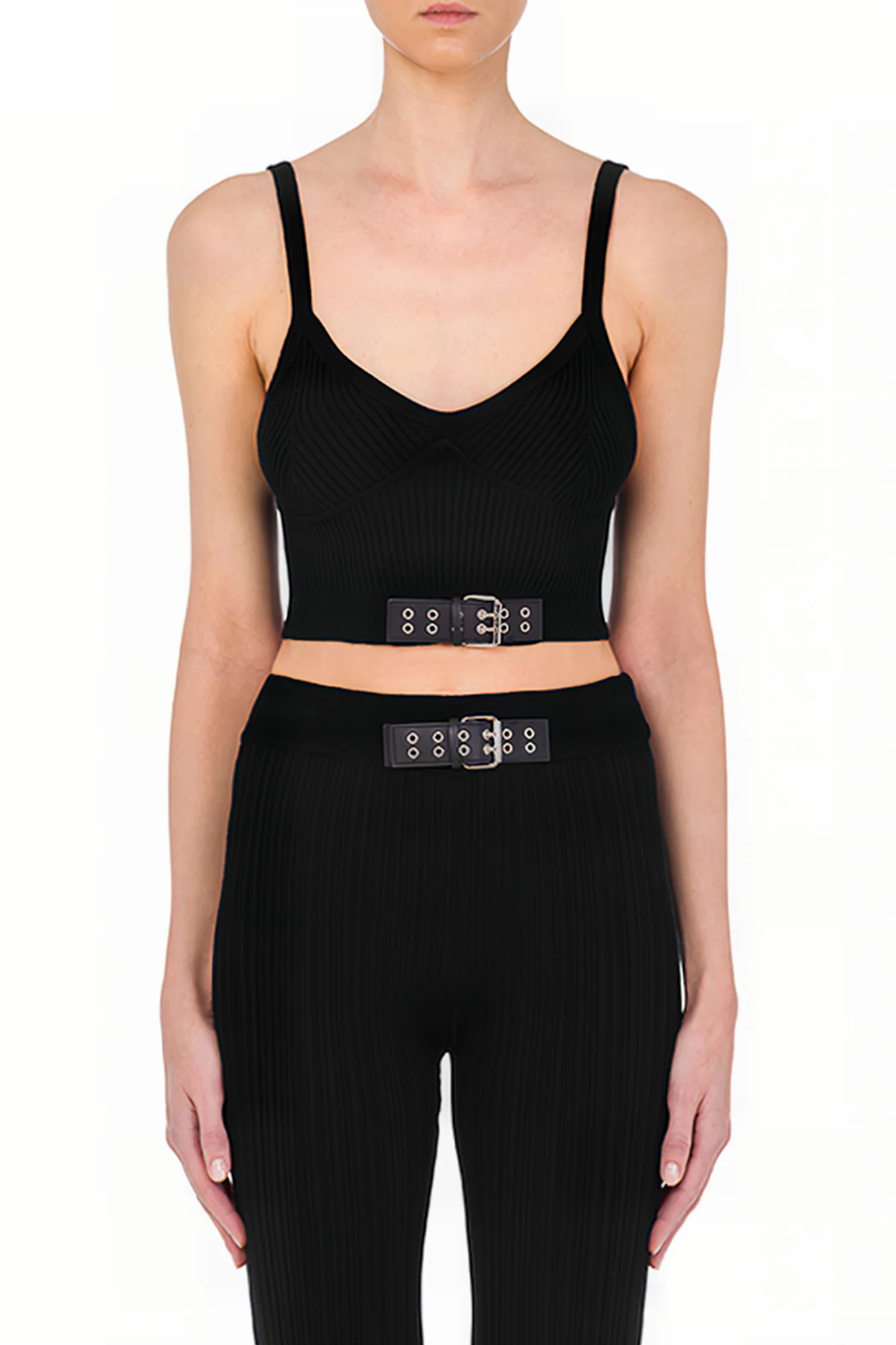 Moschino Biker Buckles Stretch Knit Crop Top in Black
