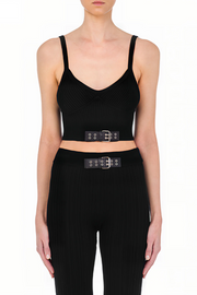 Moschino Biker Buckles Stretch Knit Crop Top in Black