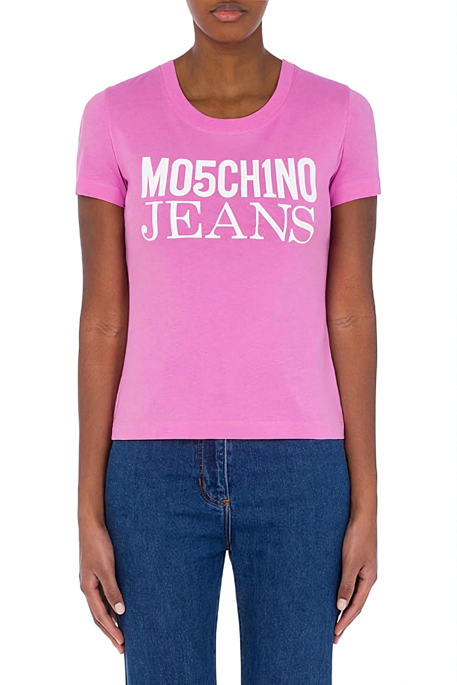 Moschino Logo Print Jersey T-Shirt in Pink