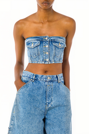 Moschino Bustier Crop Top in Recycled Blue Denim