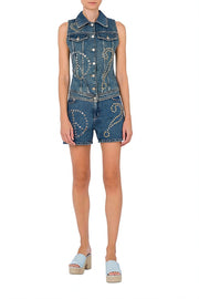 Moschino Studded Symbols Denim Shorts in Blue