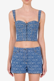 Allover Logo Denim Crop Top in Blue