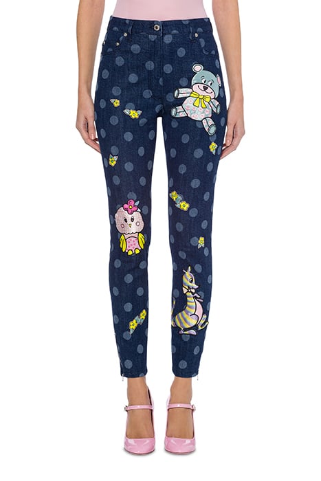 Animal Patch Polka Dot Denim Trousers in Blue