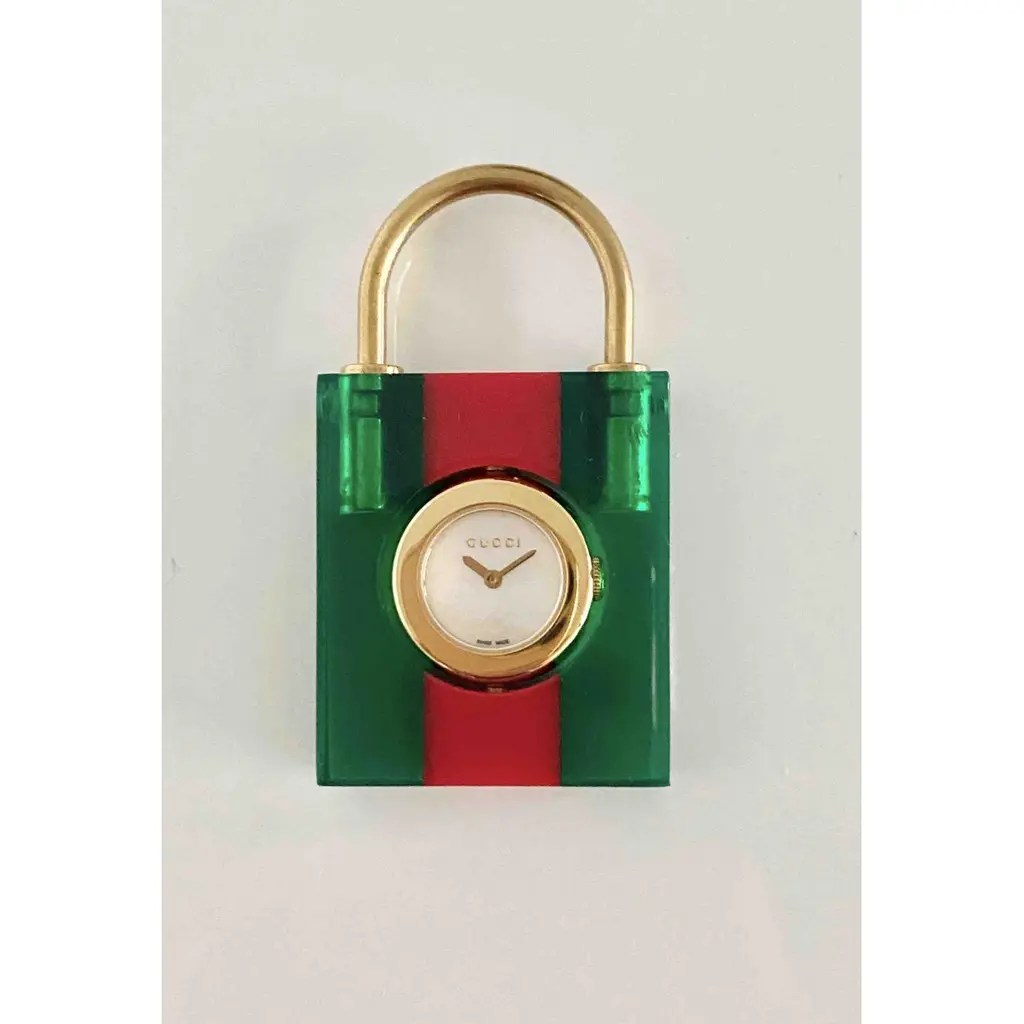 Gucci Womens Constance Watch with Green and Red Stripe Plexiglas Padlock Case and Dial