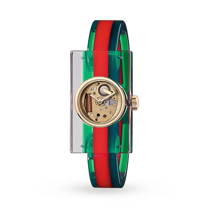 Gucci Womens Women's Fashion Show Skeleton Green and Red Plexiglas Watch
