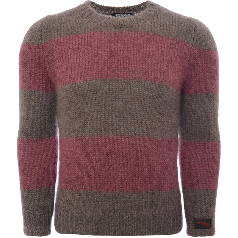 Mens Raf Simons Striped Mohair Crew Knit in Brown