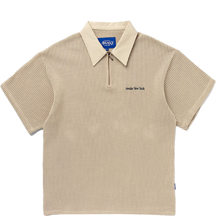 Awake Mens Open Knit Polo Cream