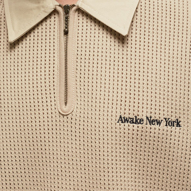 Awake Mens Open Knit Polo Cream