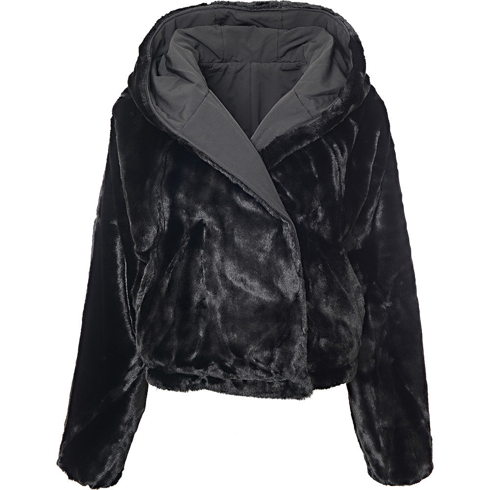 Pimkie Women's Black Reversible Borg & Nylon Bomber Jacket with Hood