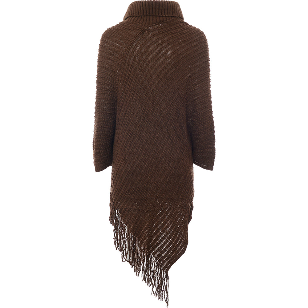 QED London Plus Womens Fringe Trim Poncho In Chocolate Brown