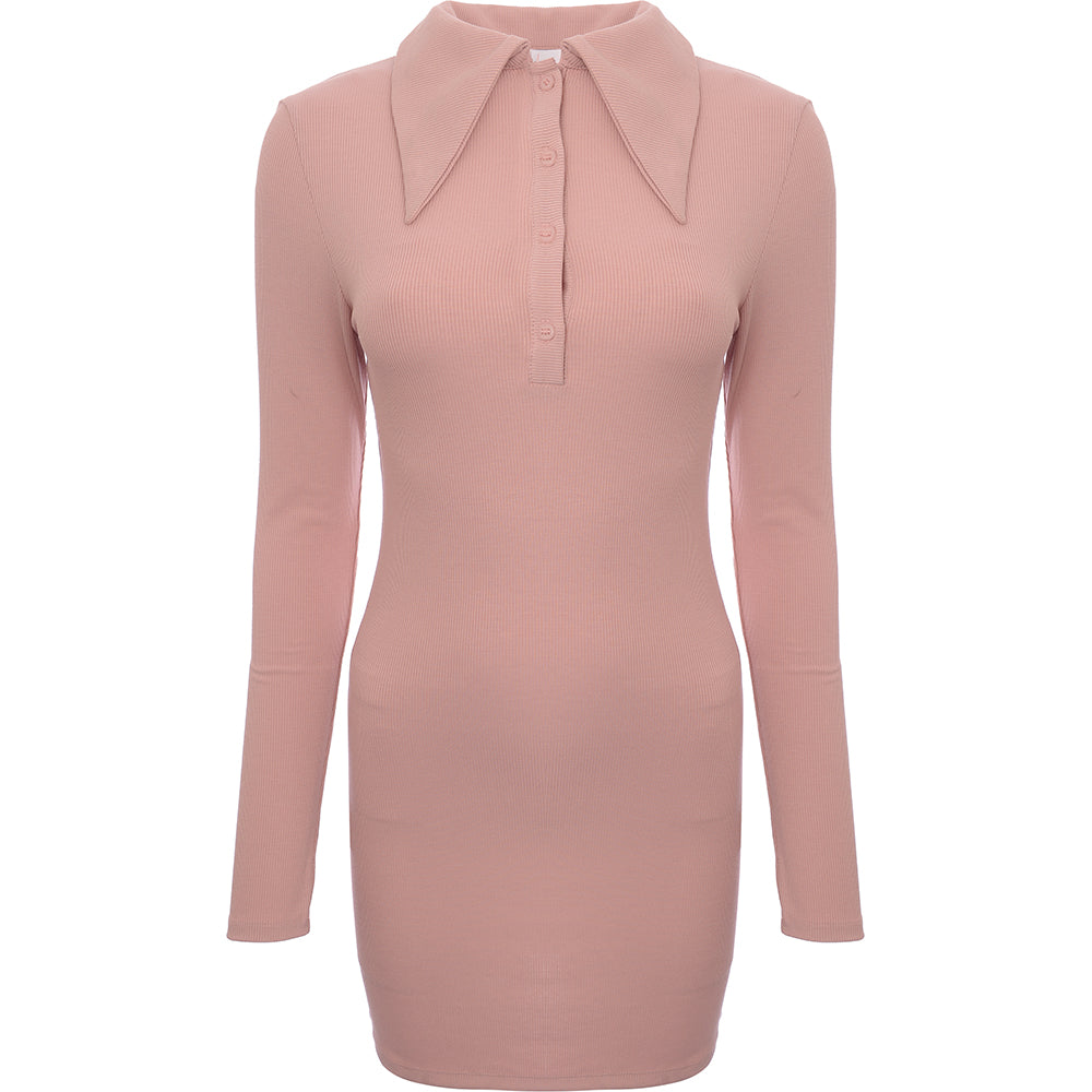 Aria Cove Women's Pink Ribbed Oversized Button Collar Detail Mini Dress