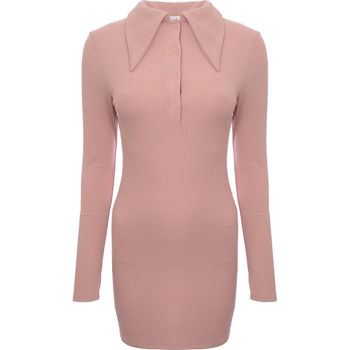 Aria Cove Women's Pink Ribbed Oversized Button Collar Detail Mini Dress