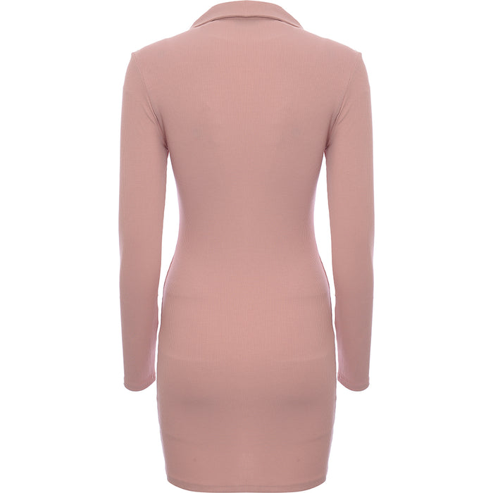 Aria Cove Women's Pink Ribbed Oversized Button Collar Detail Mini Dress