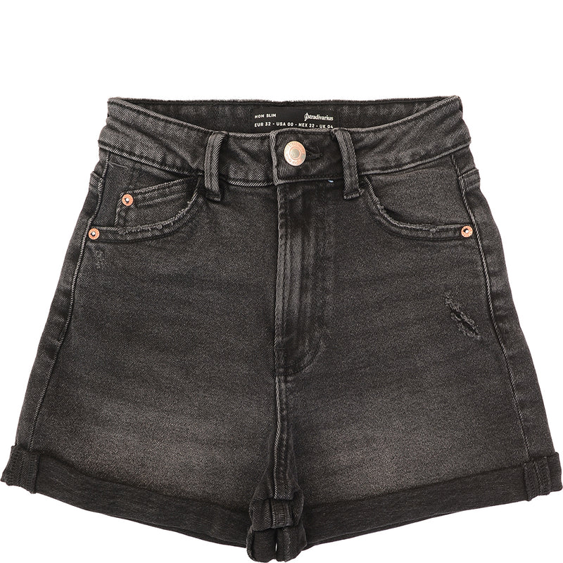 Stradivarius Women's Black Wash Cotton Slim Mom Denim Short