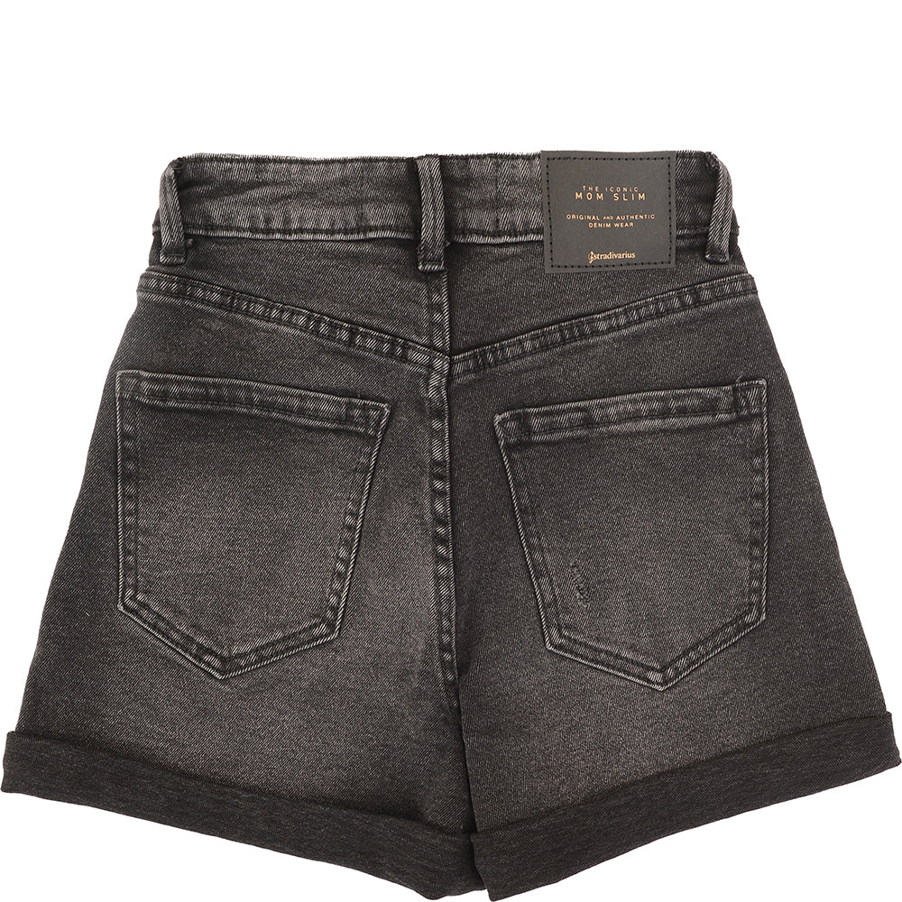 Stradivarius Women's Black Wash Cotton Slim Mom Denim Short