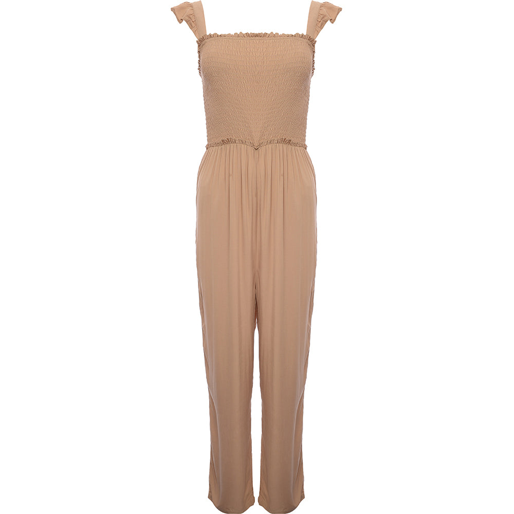 Vila Women's Beige Wide Leg Jumpsuit with Frill Shoulder