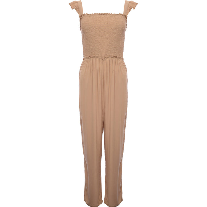 Vila Women's Beige Wide Leg Jumpsuit with Frill Shoulder