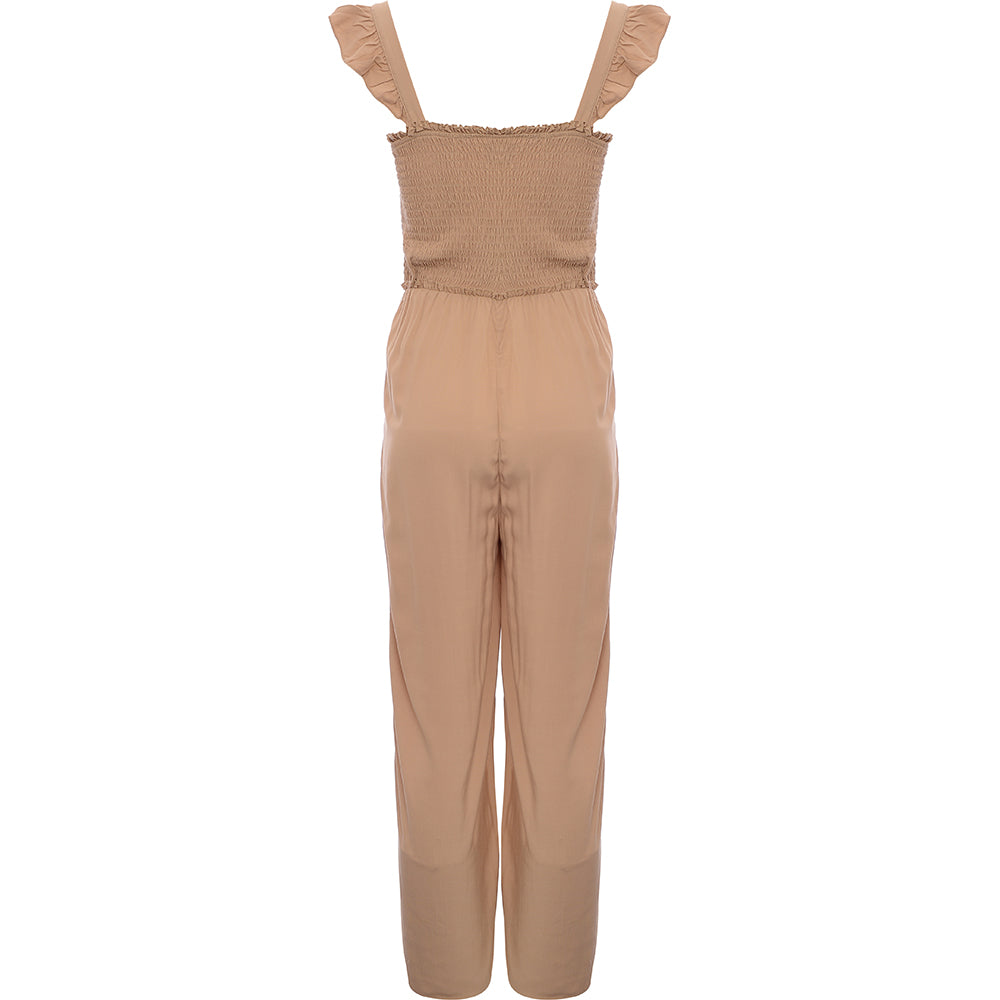 Vila Women's Beige Wide Leg Jumpsuit with Frill Shoulder