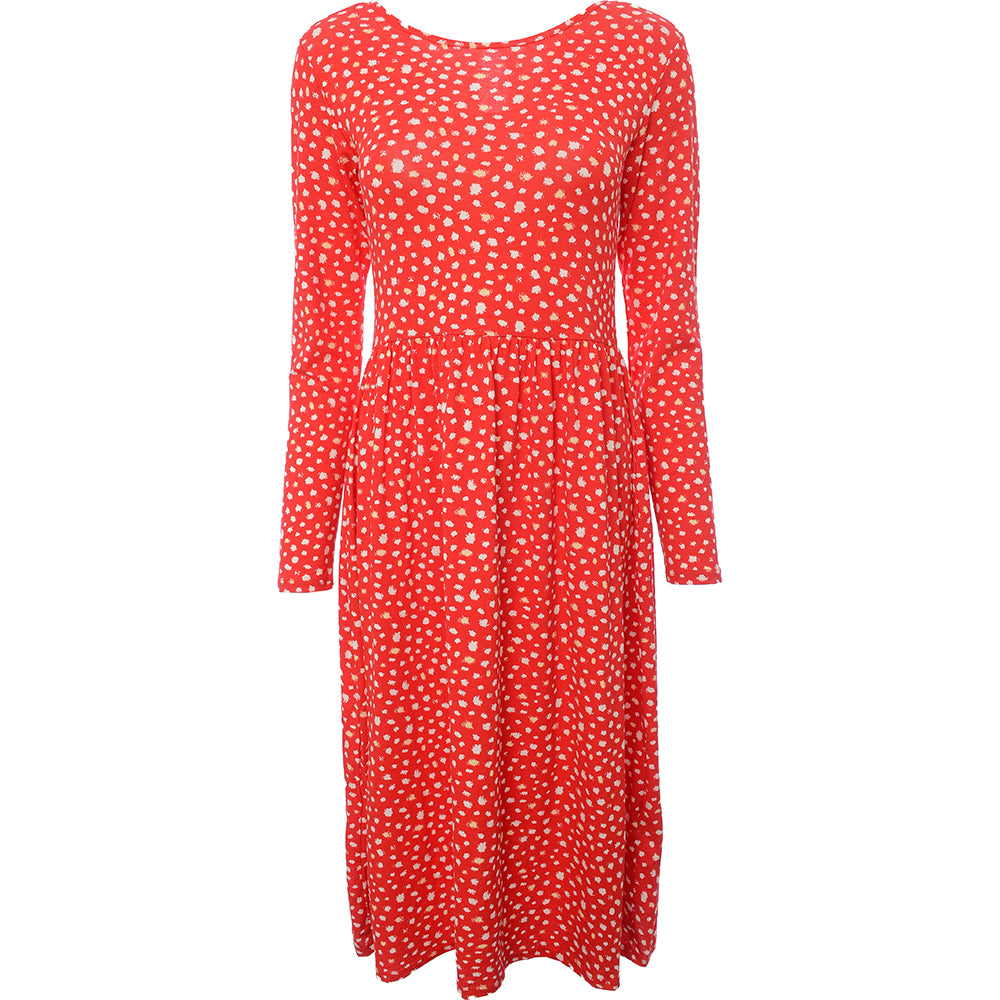 Wednesday's Girl Womens Red Smudge Spot Print Long Sleeve Midi Smock Dress