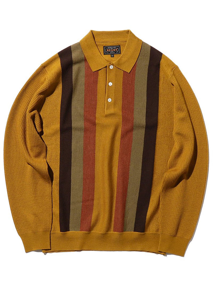 Beams Mens Knit Polo Yellow Stripe Sweatshirt