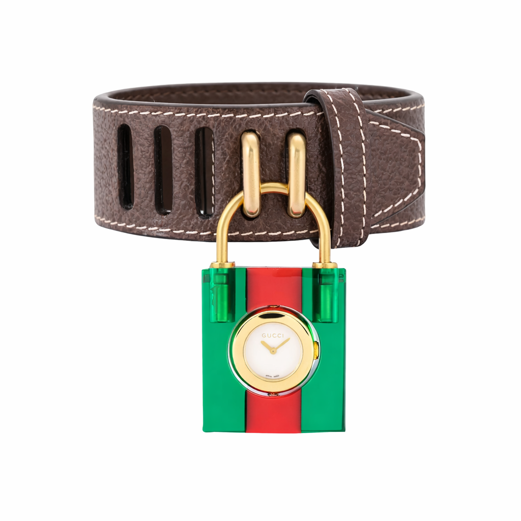 Gucci Womens Constance Watch with Green and Red Stripe Plexiglas Padlock Case and Dial