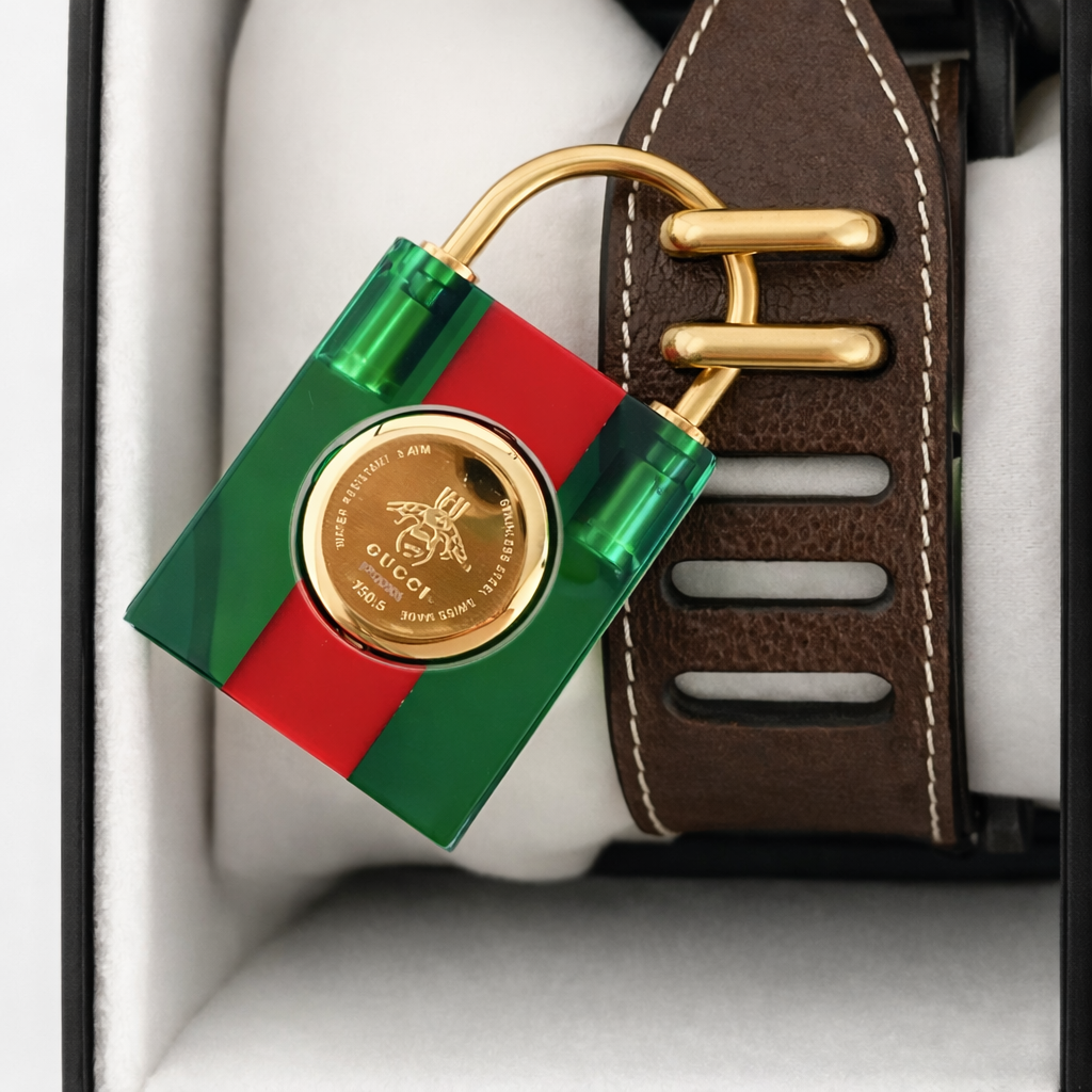 Gucci Womens Constance Watch with Green and Red Stripe Plexiglas Padlock Case and Dial