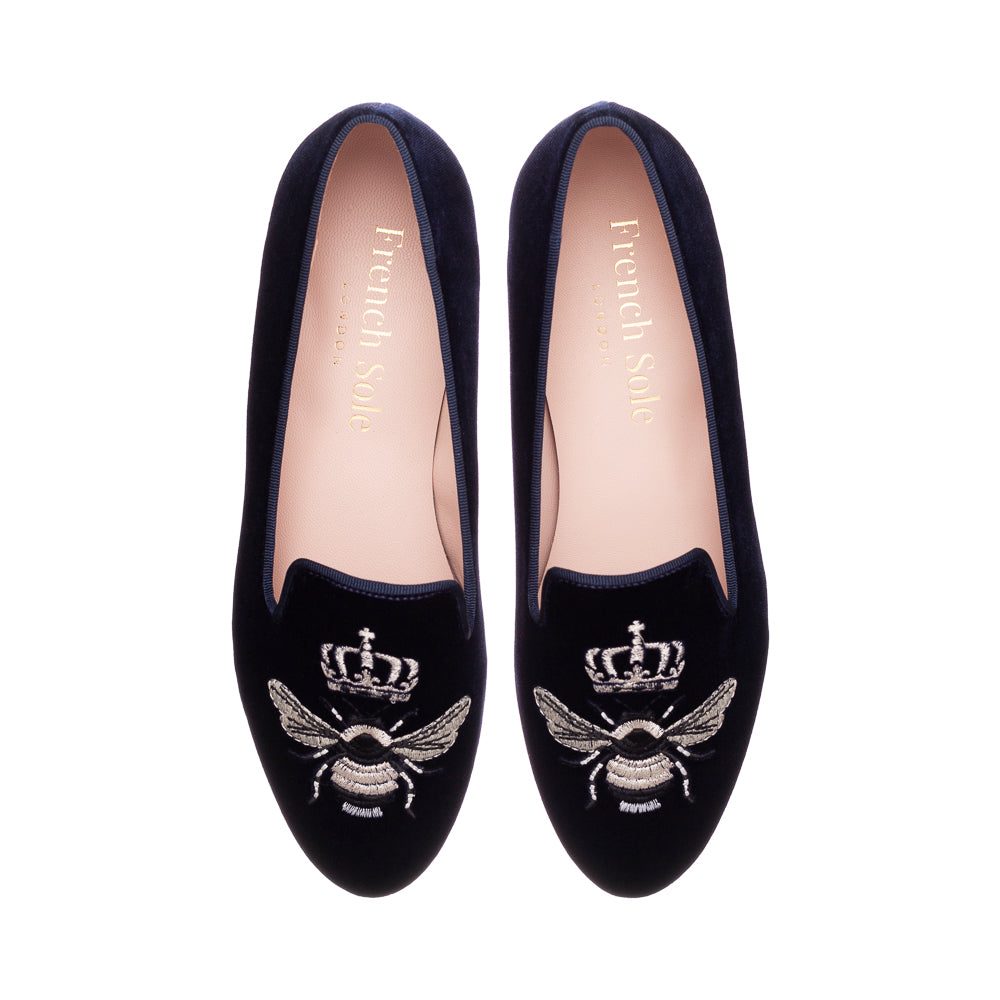 French Sole Womens Hefner Embroidered Velvet Slippers in Navy