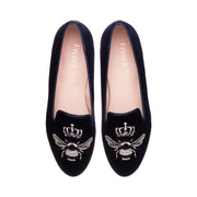 French Sole Womens Hefner Embroidered Velvet Slippers in Navy