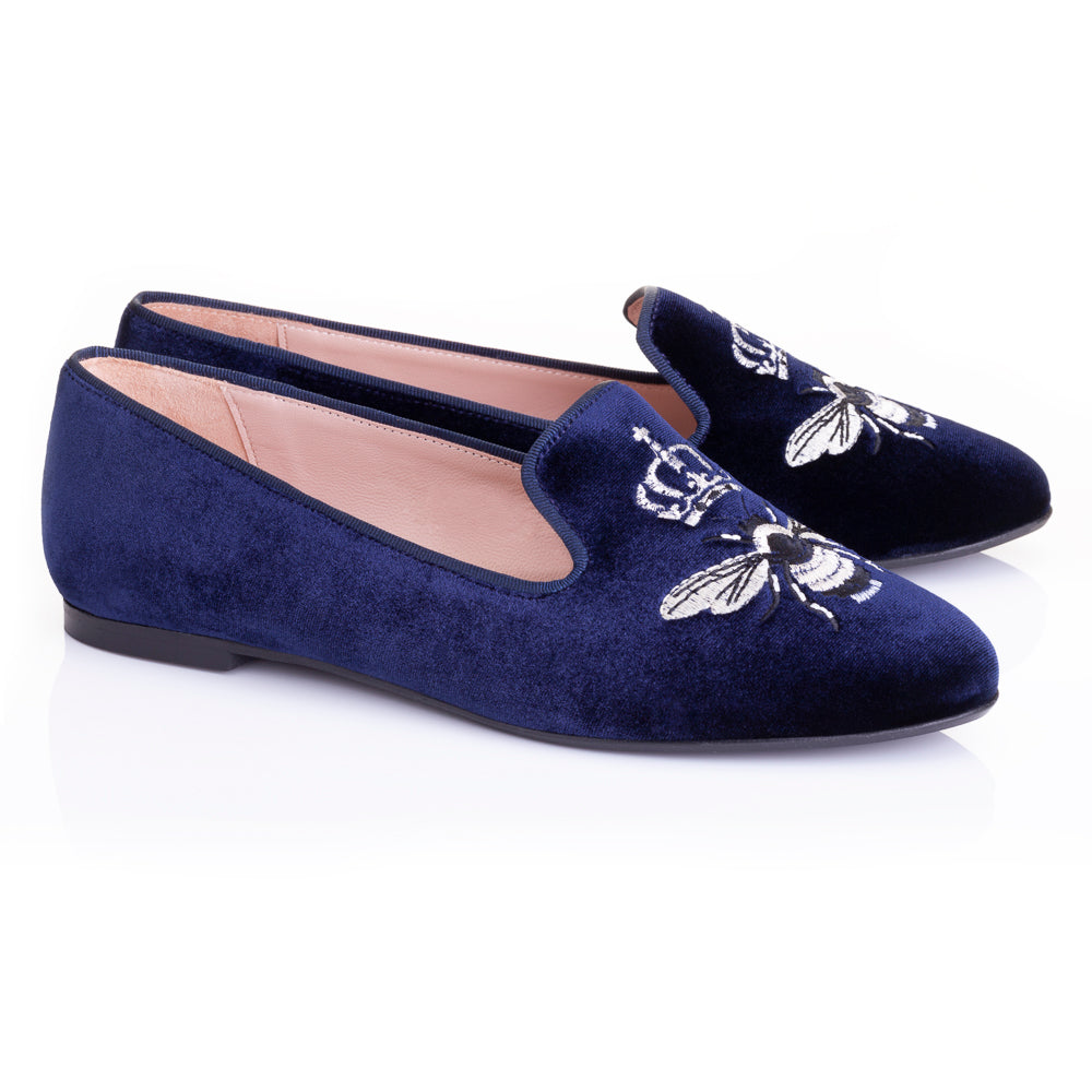 French Sole Womens Hefner Embroidered Velvet Slippers in Navy