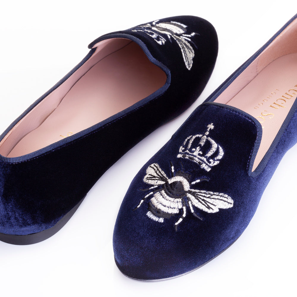 French Sole Womens Hefner Embroidered Velvet Slippers in Navy