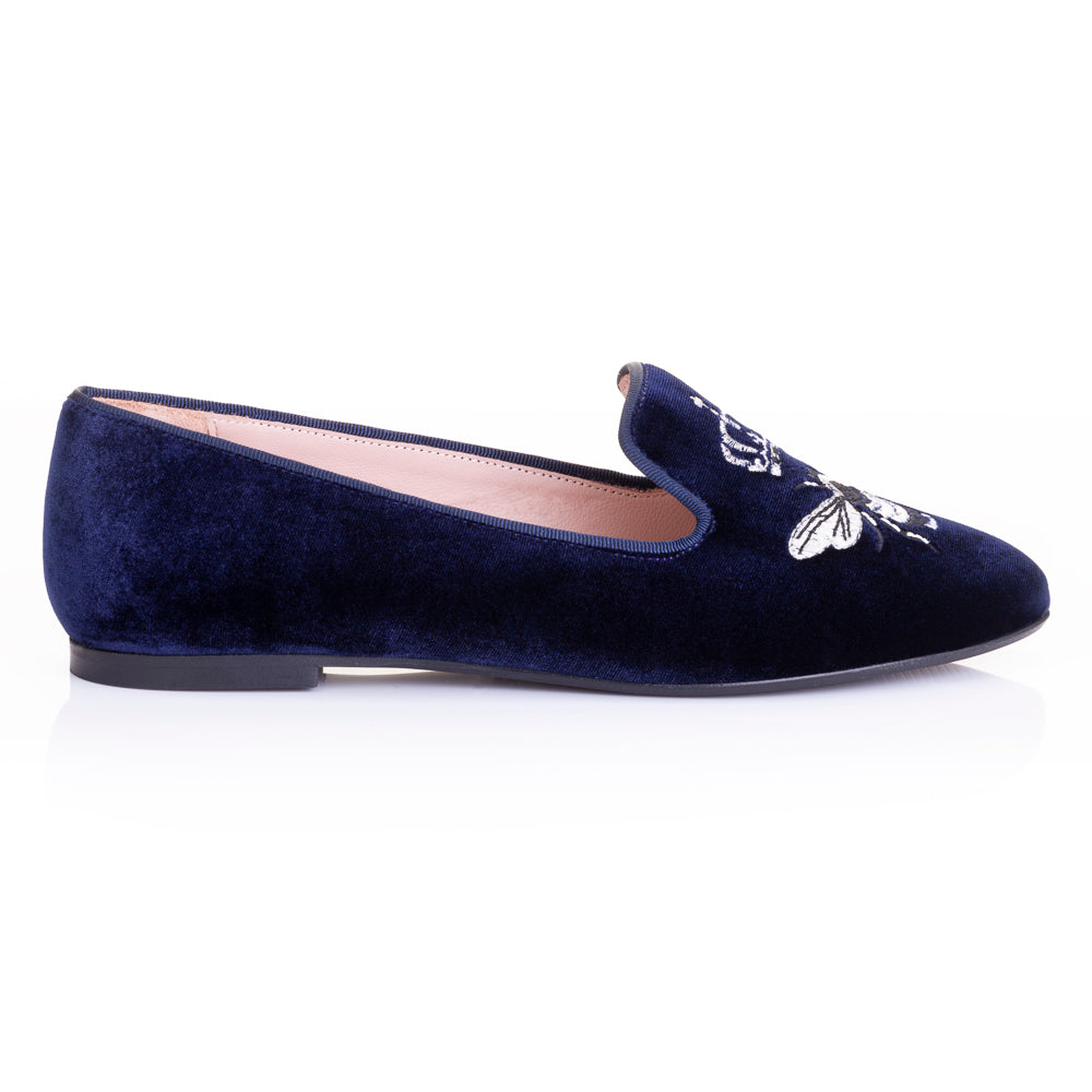 French Sole Womens Hefner Embroidered Velvet Slippers in Navy