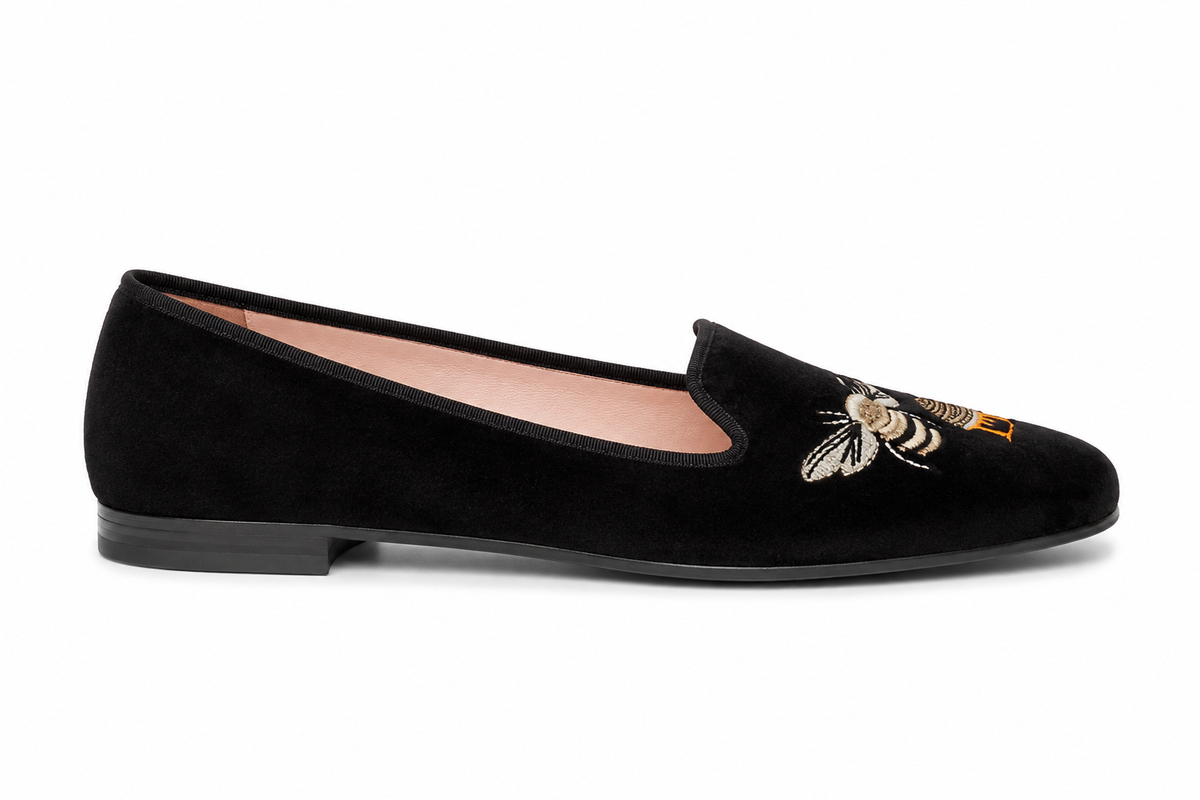 French Sole Womens Hefner Embroidered Velvet Slippers in Navy
