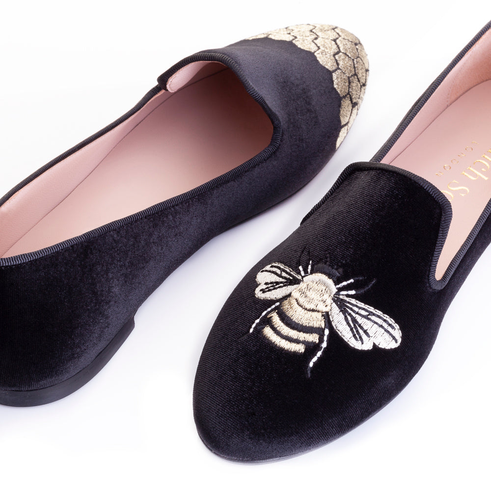 French Sole Womens Hefner Embroidered Velvet Slippers in Black