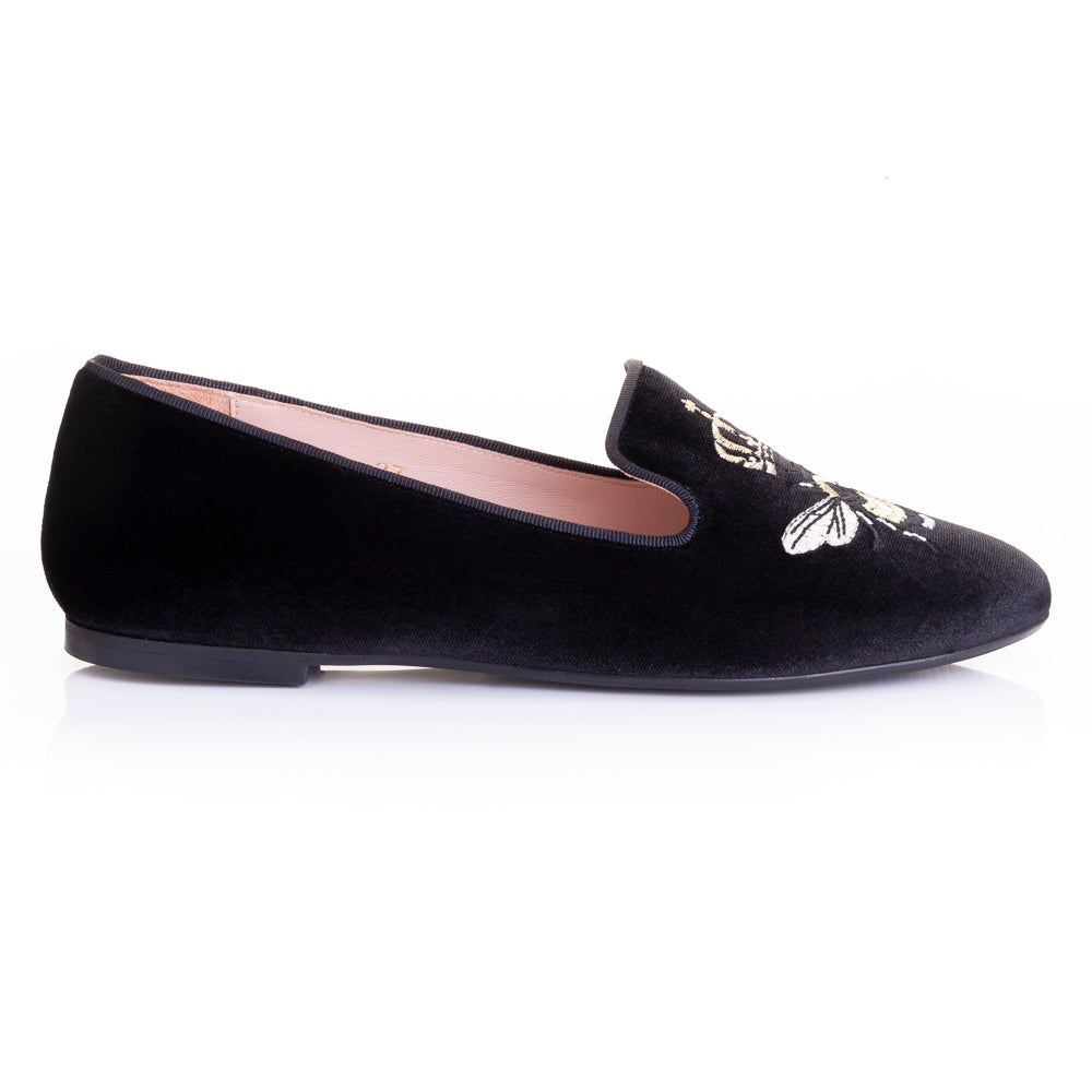 French Sole Womens Hefner Embroidered Velvet Slippers in Black