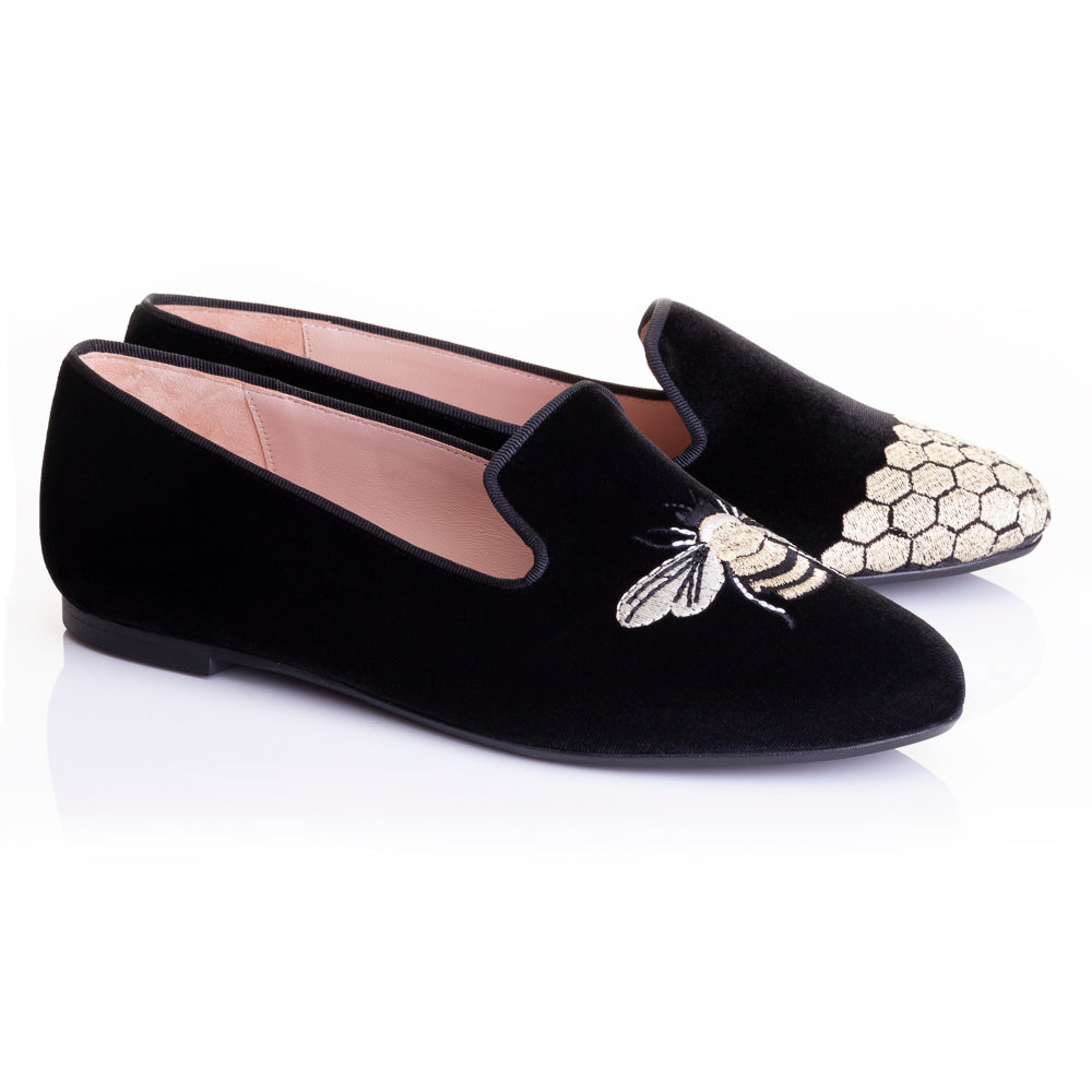 French Sole Womens Hefner Embroidered Velvet Slippers in Black