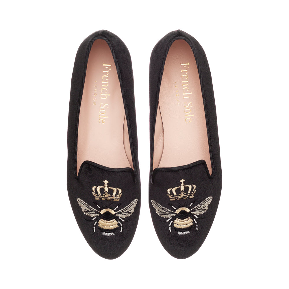 French Sole Womens Hefner Embroidered Velvet Slippers in Black