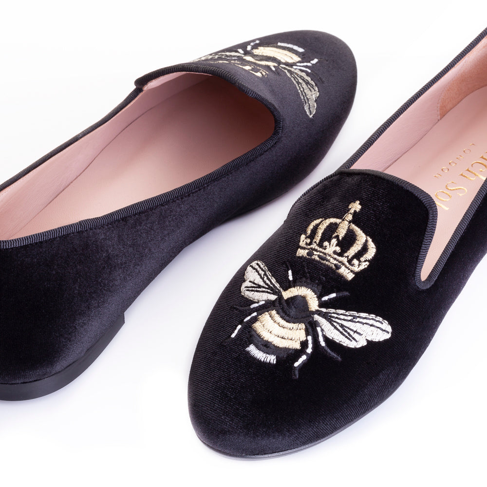 French Sole Womens Hefner Embroidered Velvet Slippers in Black