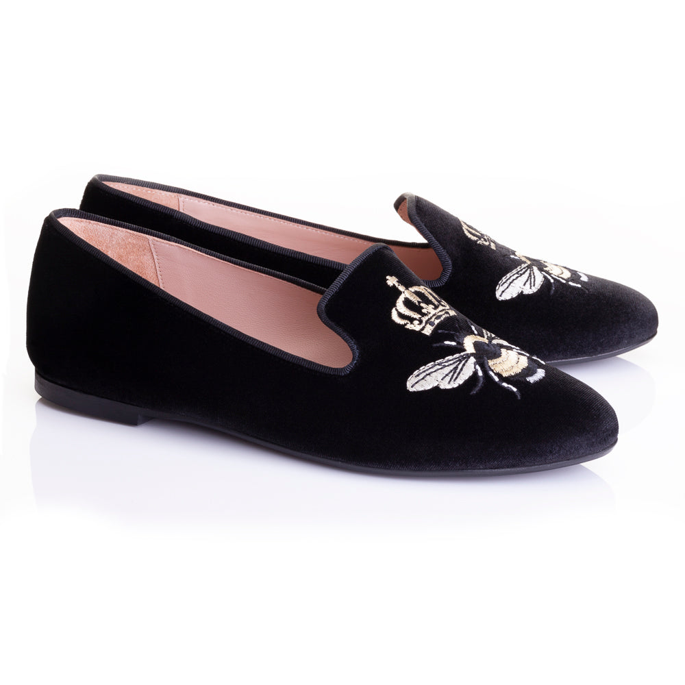 French Sole Womens Hefner Embroidered Velvet Slippers in Black