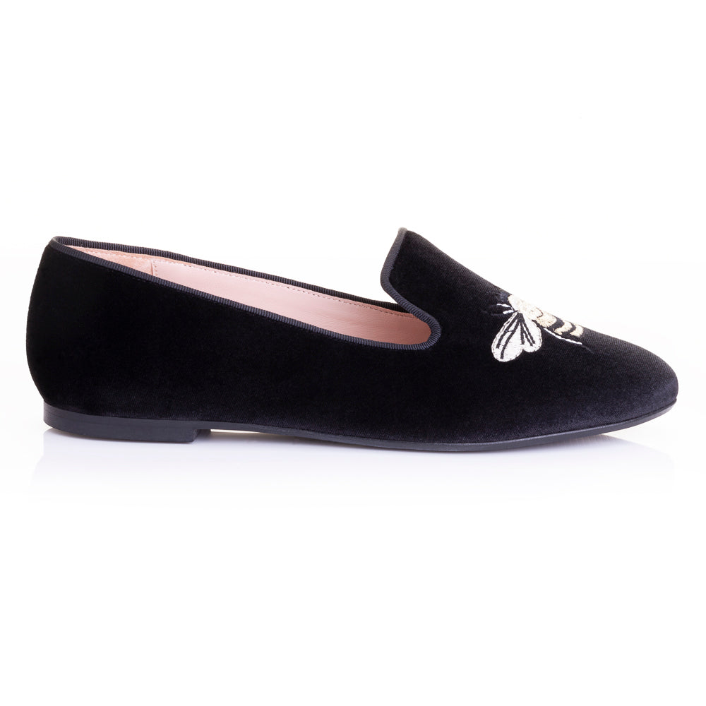 French Sole Womens Hefner Embroidered Velvet Slippers in Black