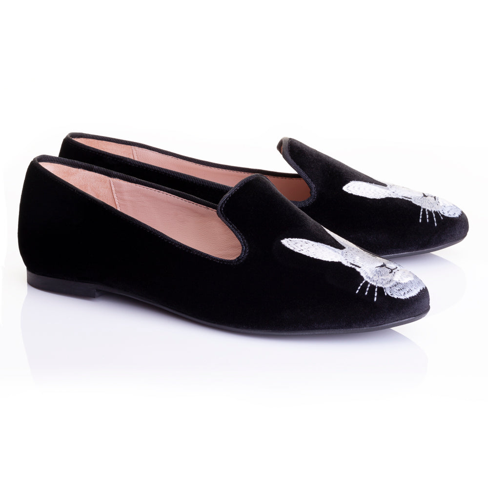French Sole Womens Hefner Embroidered Velvet Slippers in Black