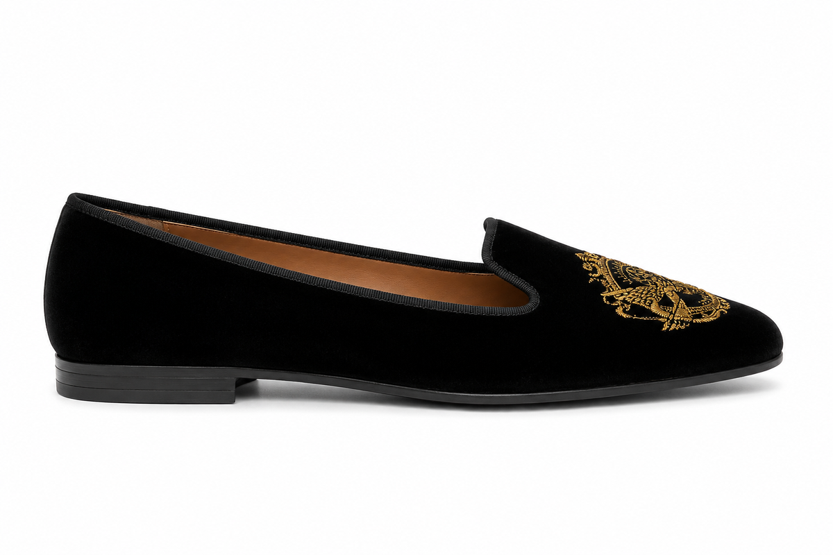 French Sole Womens Hefner Embroidered Velvet Slippers in Black