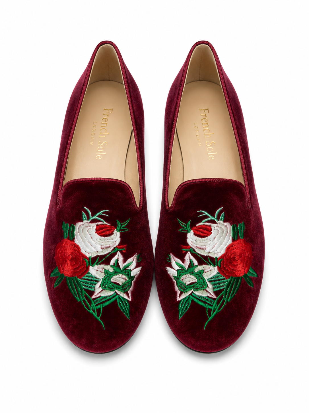French Sole Womens Hefner Embroidered Velvet Slippers in Burgundy