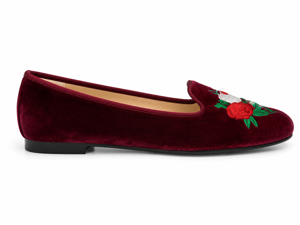 French Sole Womens Hefner Embroidered Velvet Slippers in Burgundy