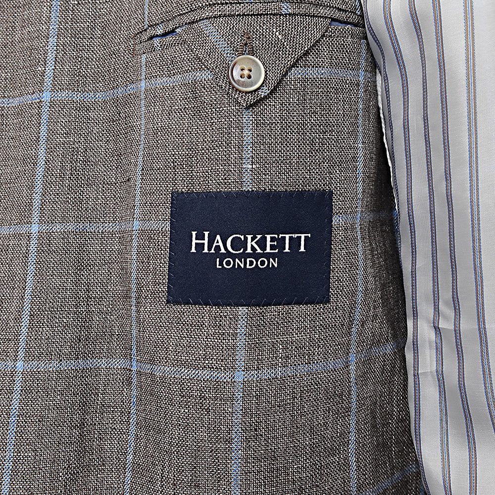 Hackett London Linen Windowpane Double Breasted Jacket in Brown/Blue