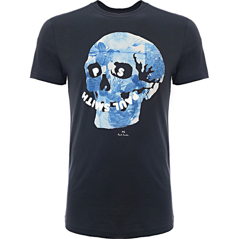 Paul Smith Mens Slim Fit T-Shirt Floral Skull Logo in Blue